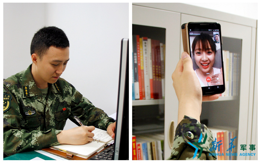 &uarr;陳德正，武警北京總隊(duì)七支隊(duì)某中隊(duì)指導(dǎo)員。七夕前夜堅(jiān)守在值班崗位上的他，在結(jié)束值班后給妻子打了個(gè)視頻電話，通過網(wǎng)絡(luò)表達(dá)著對(duì)妻子的愛意。閆星辰 攝
