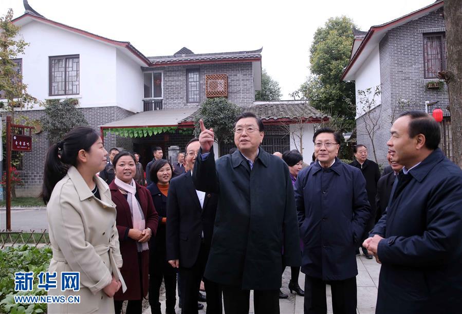 這是11月22日，張德江來(lái)到成都郫縣青杠樹(shù)村，了解村民委員會(huì)工作情況。 新華社記者 劉衛(wèi)兵 攝 