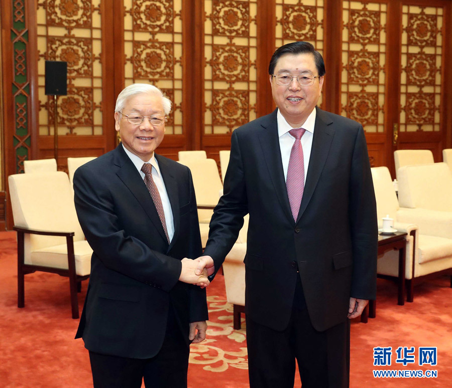 1月13日，中共中央政治局常委、全國人大常委會委員長張德江在北京人民大會堂會見越共中央總書記阮富仲。 新華社記者 劉衛(wèi)兵 攝