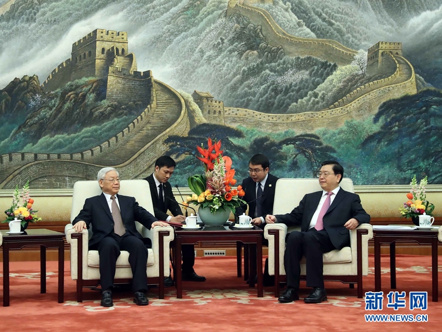 1月13日，中共中央政治局常委、全國人大常委會委員長張德江在北京人民大會堂會見越共中央總書記阮富仲。 新華社記者 劉衛(wèi)兵 攝