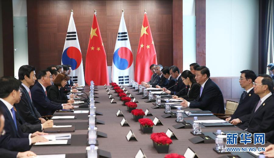 7月4日，國家主席習(xí)近平在首爾會見韓國總理鄭烘原。 新華社記者謝環(huán)馳攝 