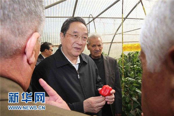 11月8日，正在約旦進(jìn)行正式友好訪問(wèn)的全國(guó)政協(xié)主席俞正聲在約旦河谷參觀碩果農(nóng)業(yè)合作社。 新華社記者 劉衛(wèi)兵 攝 