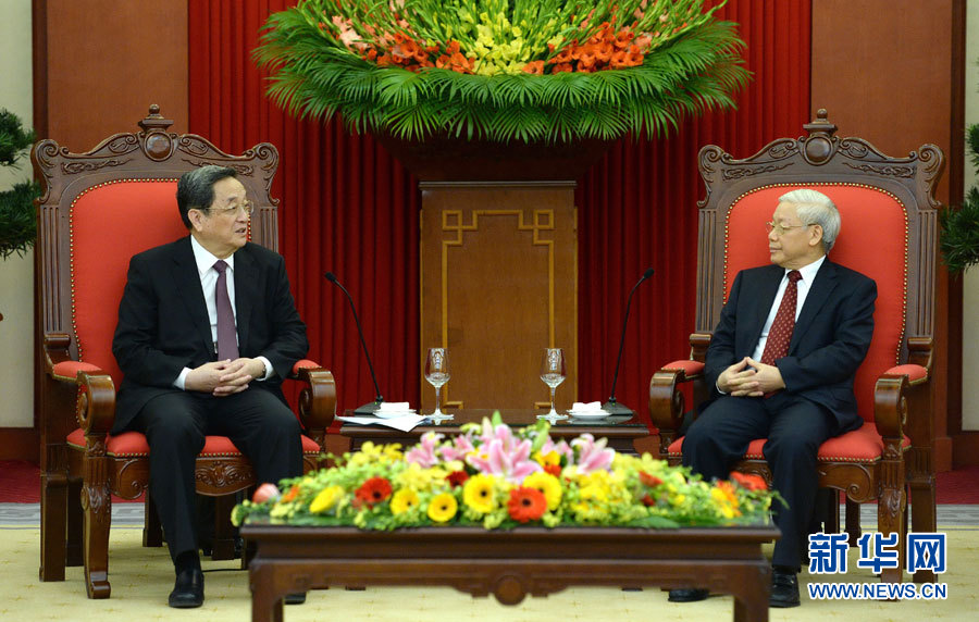 12月25日至27日，中共中央政治局常委、全國政協(xié)主席俞正聲對(duì)越南進(jìn)行正式訪問。這是12月26日，俞正聲在河內(nèi)會(huì)見越共中央總書記阮富仲。 新華社記者馬占成攝