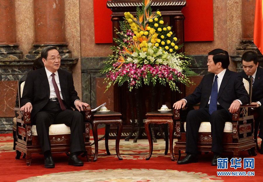 12月25日至27日，中共中央政治局常委、全國政協(xié)主席俞正聲對(duì)越南進(jìn)行正式訪問。這是12月26日，俞正聲在河內(nèi)會(huì)見越南國家主席張晉創(chuàng)。 新華社記者劉建生攝