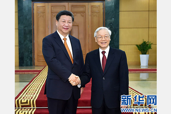 11月5日，中共中央總書記、國家主席習(xí)近平在河內(nèi)同越共中央總書記阮富仲舉行會談。 新華社記者李濤攝