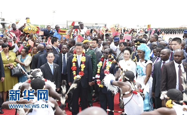 12月1日，中國國家主席習(xí)近平乘專機(jī)抵達(dá)津巴布韋首都哈拉雷，開始對津巴布韋進(jìn)行國事訪問。津巴布韋總統(tǒng)穆加貝在機(jī)場舉行隆重歡迎儀式。這是當(dāng)?shù)孛癖娞饸g快熱情的傳統(tǒng)舞蹈，歡迎習(xí)近平和彭麗媛到訪。新華社記者 謝環(huán)馳 攝 