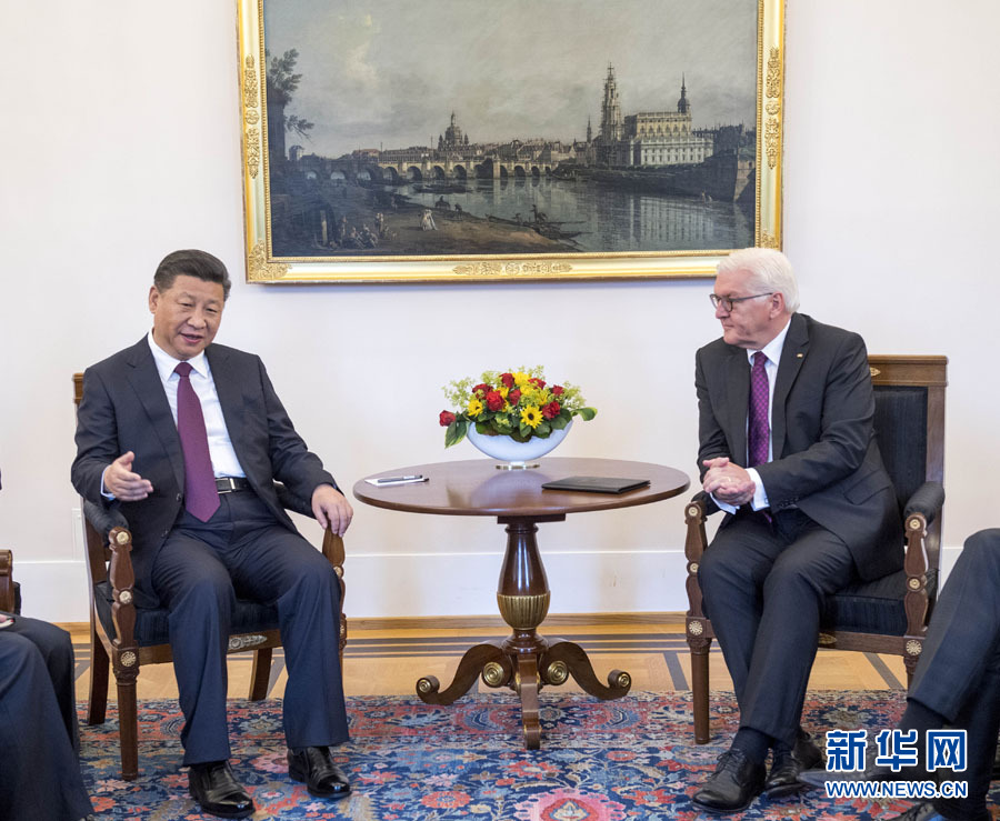 7月5日，國(guó)家主席習(xí)近平在柏林會(huì)見(jiàn)德國(guó)總統(tǒng)施泰因邁爾。 新華社記者李學(xué)仁 攝